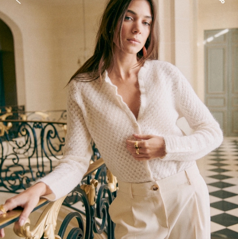 Sezane Saphia Wool/ Kid Mohair Delicate Fancy Openwork Knit White Cardigan - Picture 4 of 14